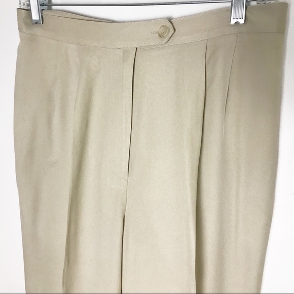 Vintage 100% silk khaki pant suit wide pleated leg - Picture 4 of 11